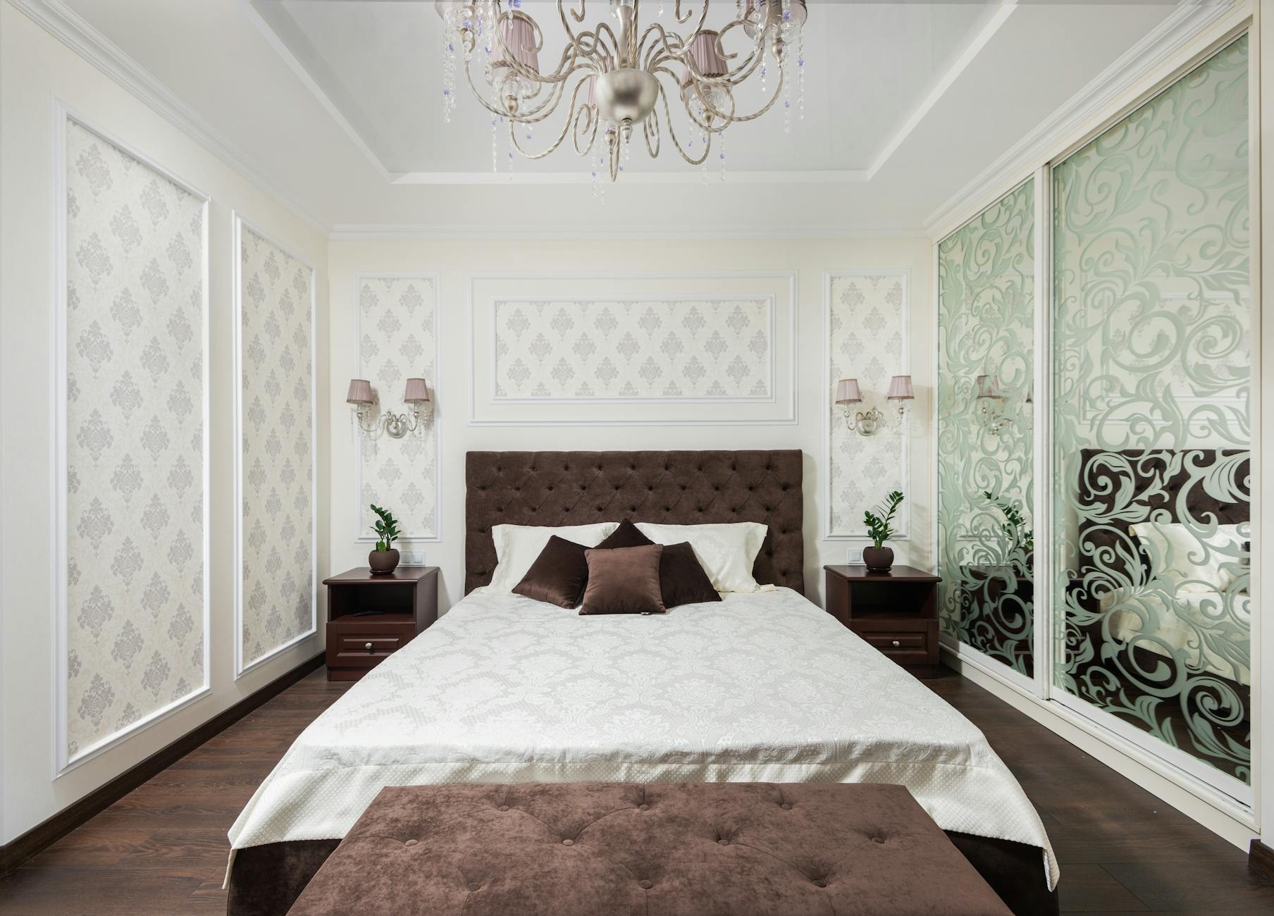 Luxury bedroom with custom parabet wall panels and recessed bedside niche installation